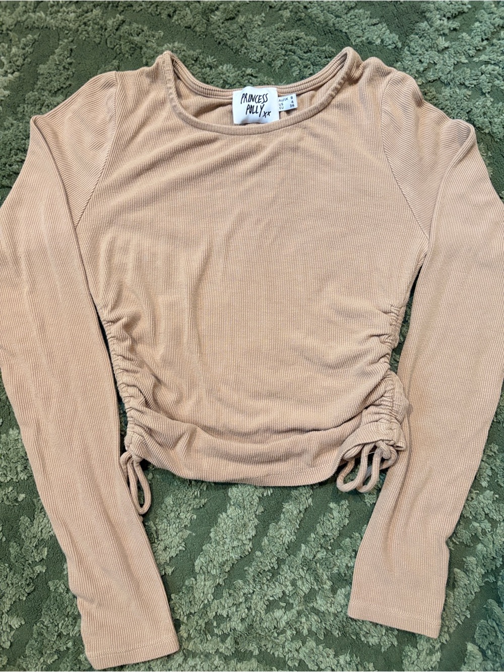 Princess Polly Beige Ribbed Long Sleeve Crop Top with Side Drawstrings